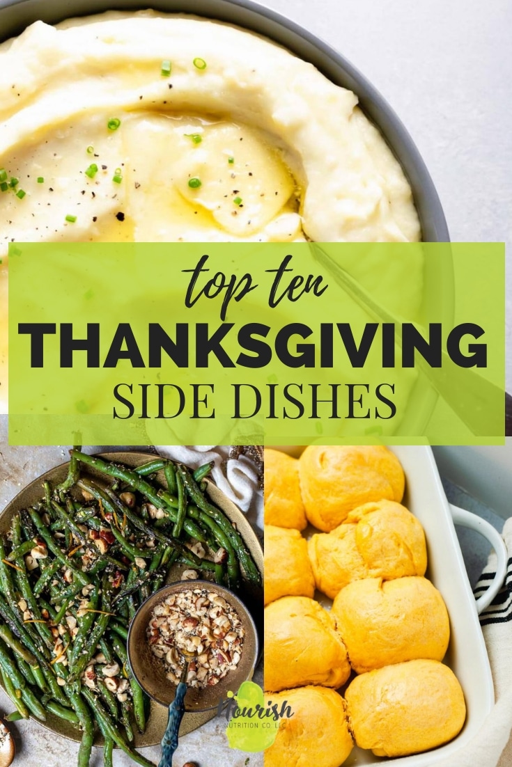 multiple Thanksgiving side dishes with text overlay