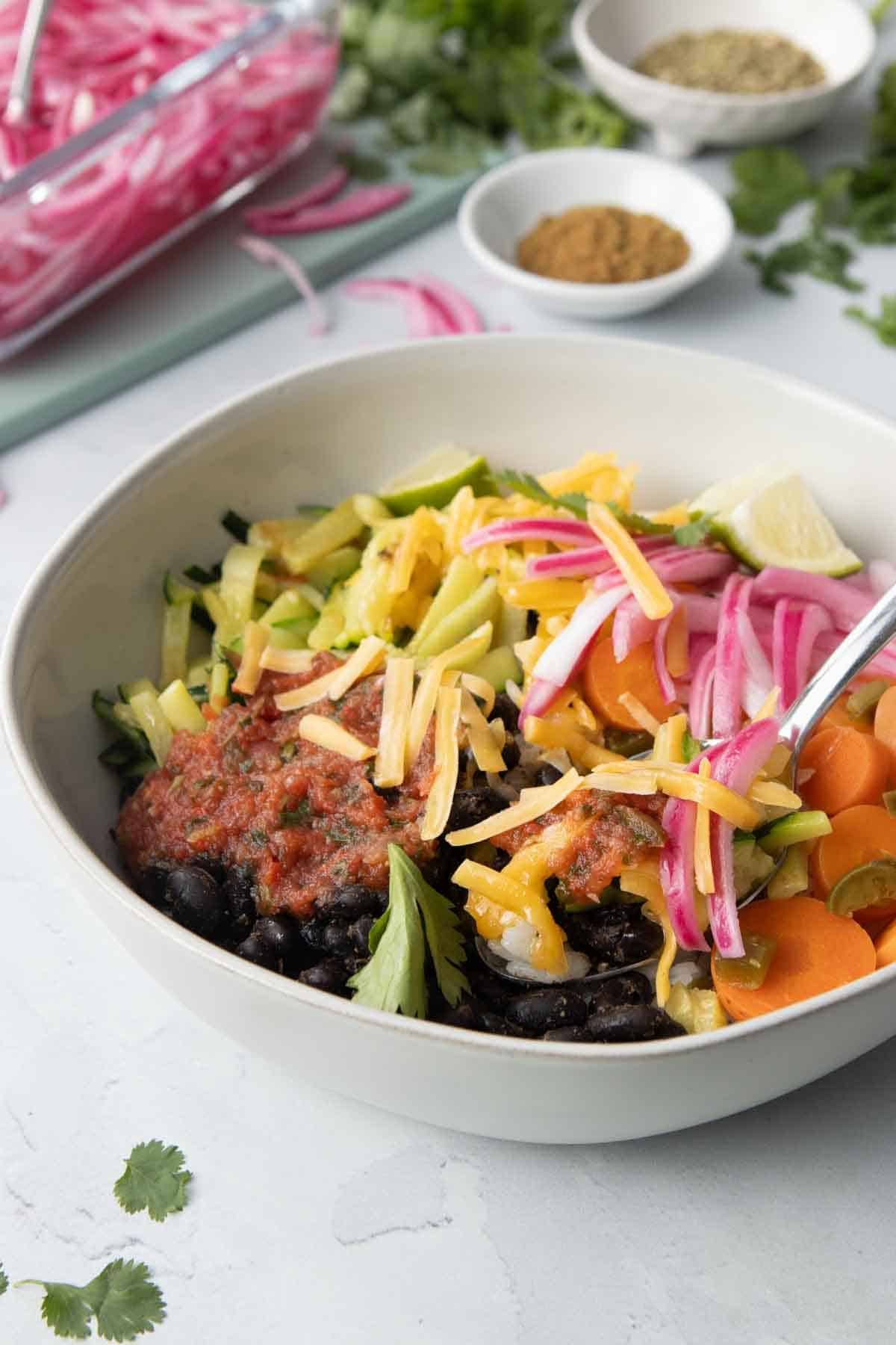 vegetarian burrito bowl recipe in a bowl