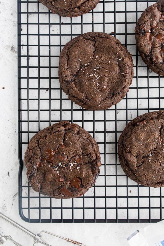 5 dark chocolate small batch cookies on a cookie sheet