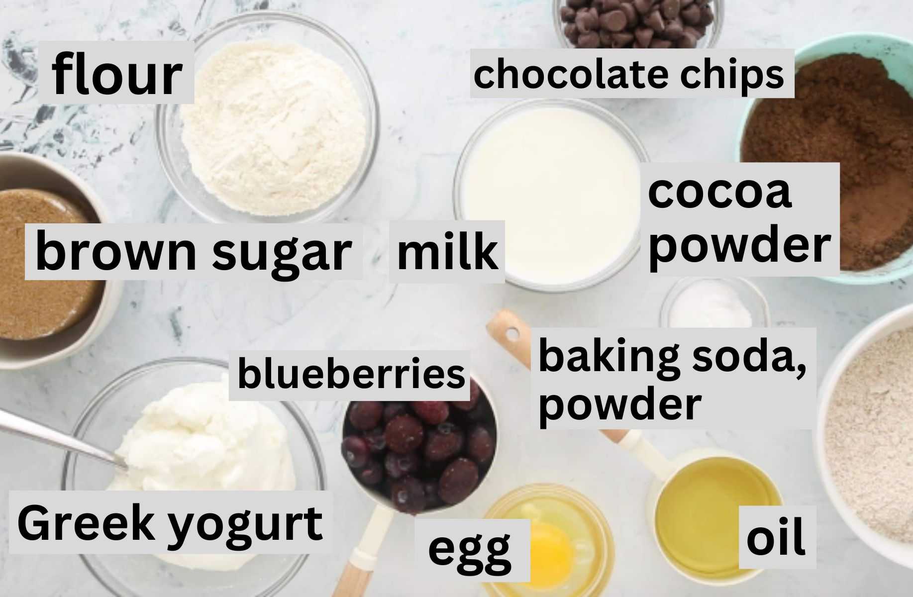 ingredients for chocolate blueberry muffins on a table